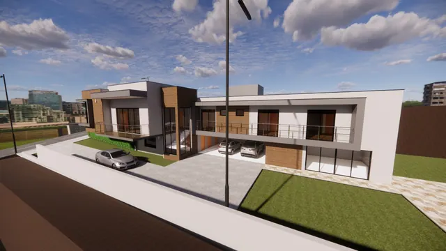 Render de sobrado moderno com fachada em tijolo aparente e varanda no pavimento superior